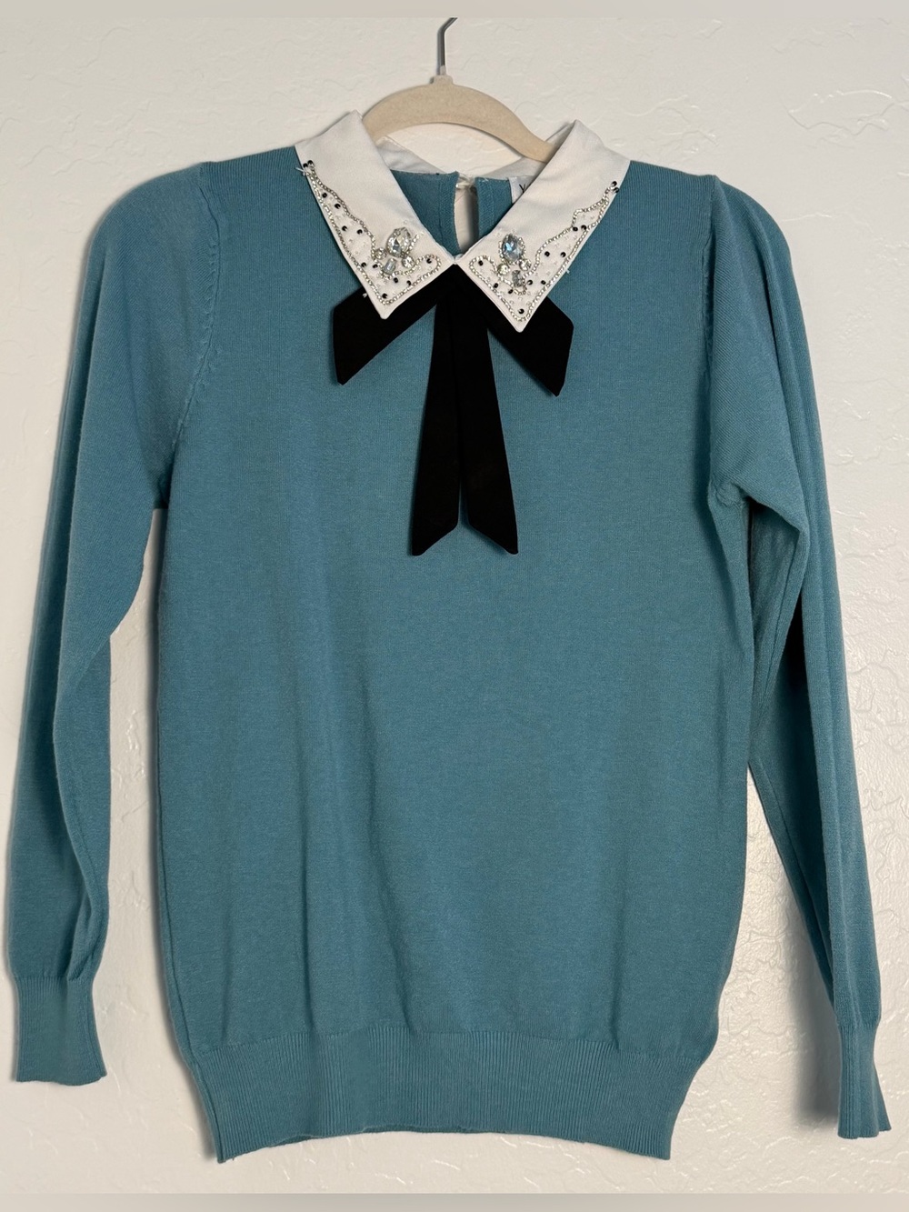 Yaostar Women Sz S Knit Sweater Rhinestone Light Blue Peter Pan Collar Black bow